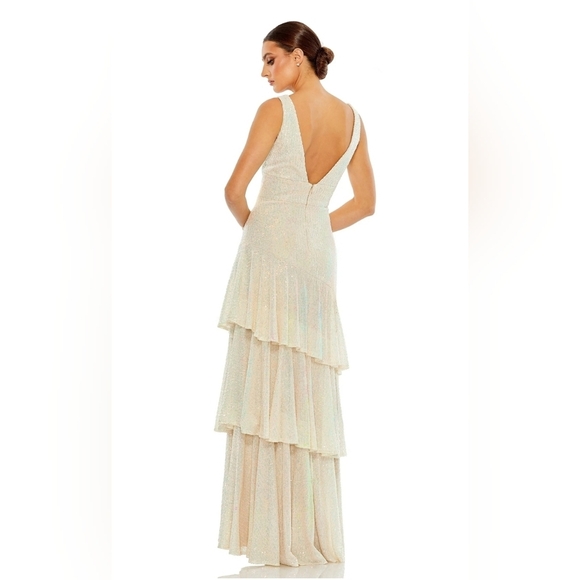 Ieena for Mac Duggal, Sequin Asymmetric Tiered Gown, Iridescent, Size 8,MSRP$398 - Picture 2 of 11